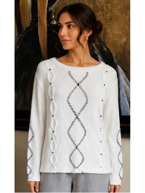 Indigenous Cream and Black Crew Neck Sweater, Size L Organic Cotton